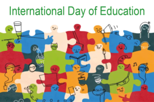 Abstract blue illustration for International Day of Education, representing inclusive learning and pathways into accountancy.