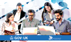Illustrated image of five business professionals collaborating around two laptops, reviewing Apprenticeships SME documents and tablets in a modern office setting. A blue banner at the bottom displays the GOV.UK logo on the left and the Accountancy Learning logo on the right.