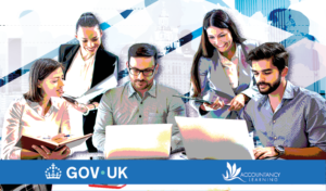 SME Professionals collaborating in an office setting with GOV.UK branding, representing funding and support for accountancy training and AAT courses from Accountancy Learning.