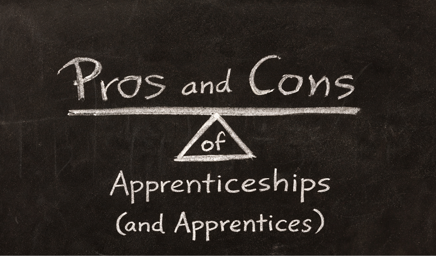 Blackboard illustration showing “Pros and Cons of Apprenticeships (and Apprentices)” written in white chalk