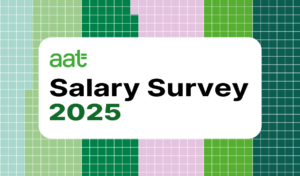 “AAT Salary Survey 2025 banner with green and multicolour grid background representing accountancy salaries and career insights”