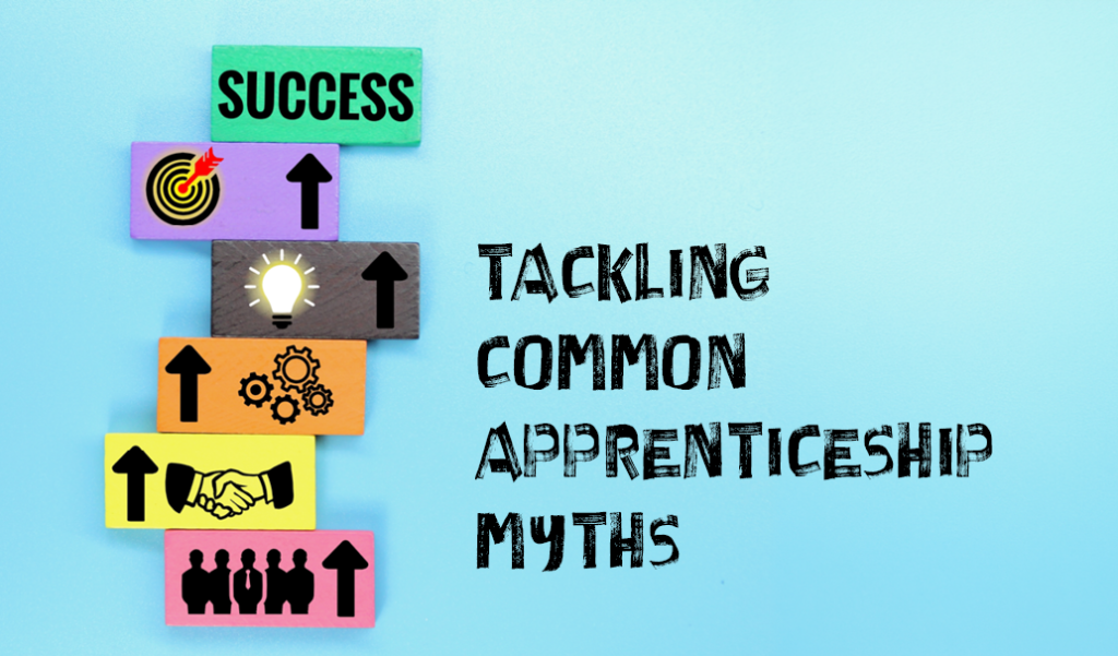 Illustration representing common apprenticeship myths in accounting, featuring colourful success blocks and the words Tackling Common Apprenticeship Myths on a blue background.