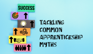 Illustration representing common apprenticeship myths in accounting, featuring colourful success blocks and the words Tackling Common Apprenticeship Myths on a blue background.