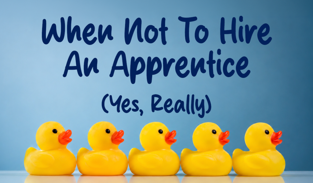 Five yellow rubber ducks in a row beneath the title “When Not To Hire An Apprentice (Yes, Really!)” representing strategic apprenticeship planning for employers.
