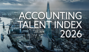 Accounting Talent Index 2026 title over an aerial view of London's financial district, supporting an article about the accounting talent shortage, recruitment challenges and accounting apprenticeships.