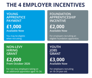 Four employer apprenticeship incentives for 2026, including the £1,000 Young Apprentice Payment, £2,000 Foundation Apprenticeship Incentive, £2,000 Non-Levy Hiring Grant and £3,000 Youth Jobs Grant.