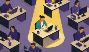 Illustration of employees working at computers in an office, with one team member highlighted while studying finance and accountancy.